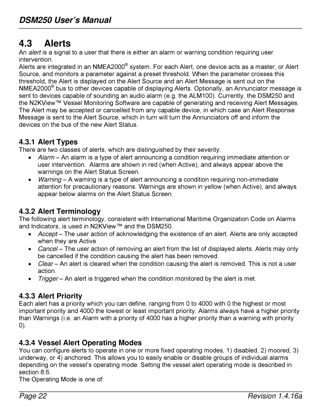 Maretron DSM250-01 user manual Alerts, Alert Types, Alert Terminology, Alert Priority, Vessel Alert Operating Modes 