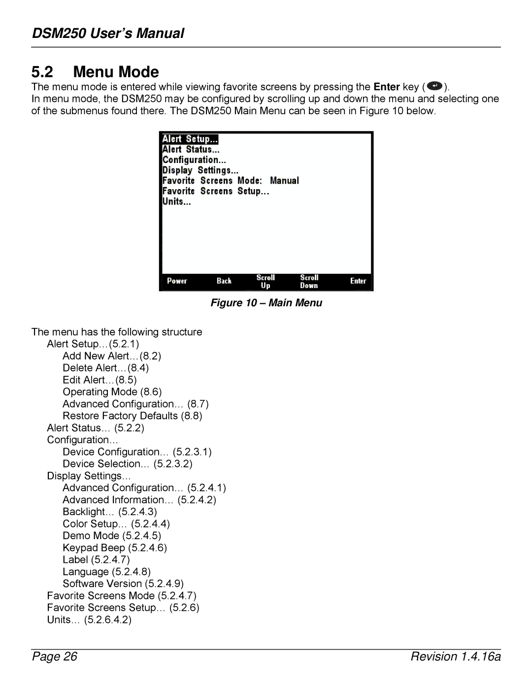 Maretron DSM250-01 user manual Menu Mode, Main Menu 