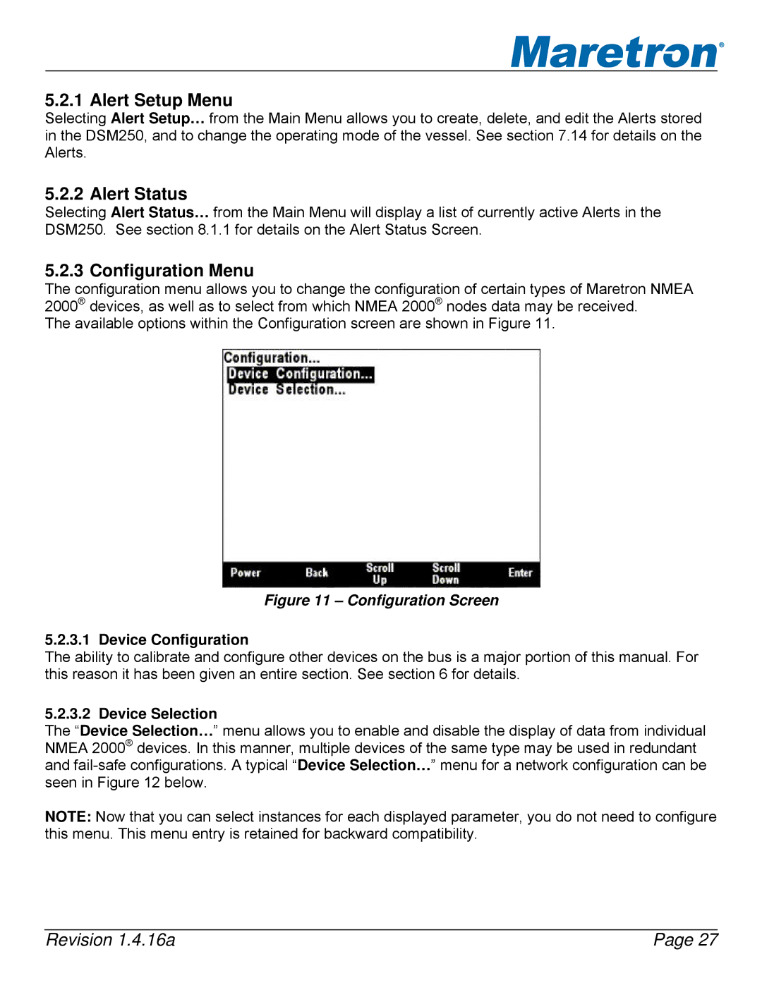 Maretron DSM250-01 user manual Alert Setup Menu, Alert Status, Configuration Menu, Device Configuration, Device Selection 