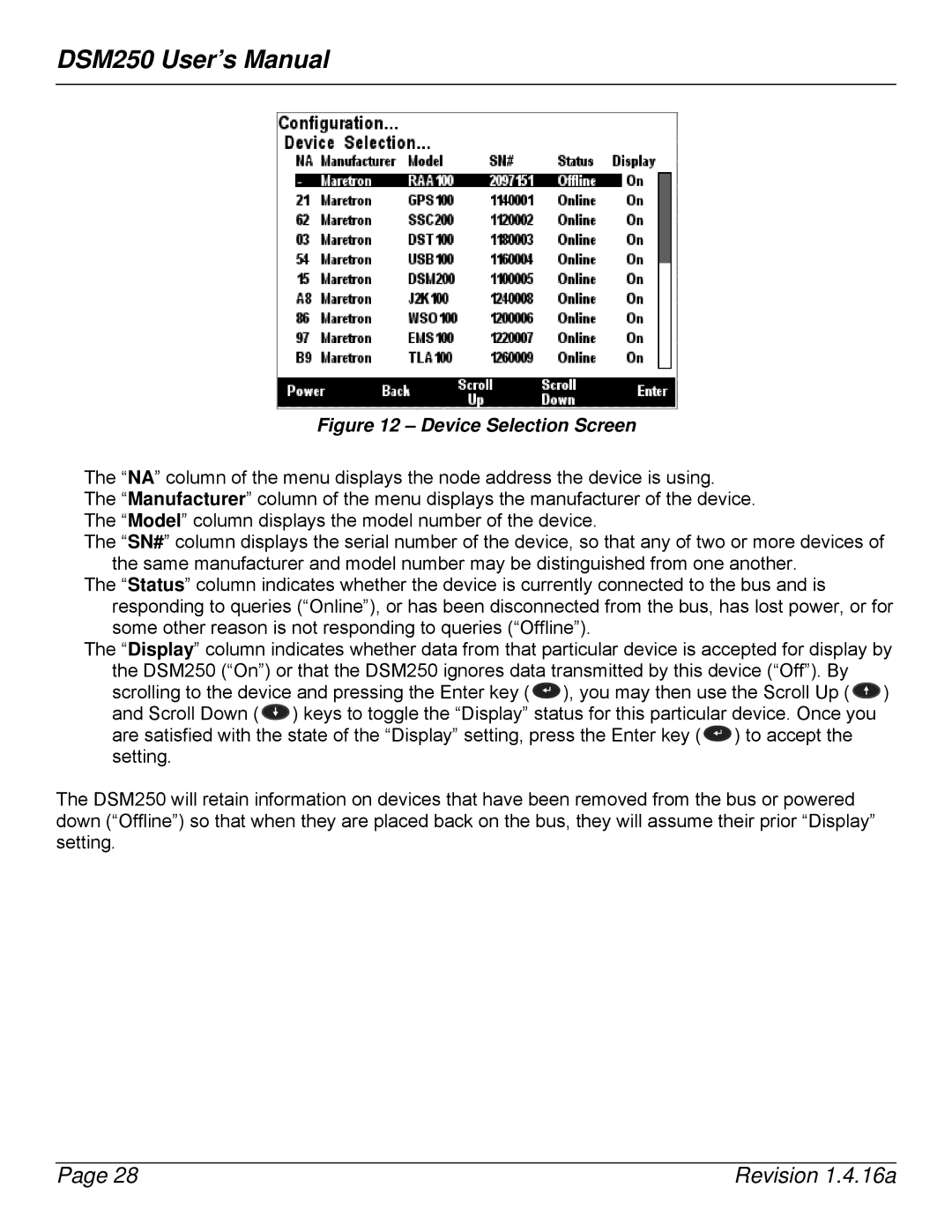 Maretron DSM250-01 user manual Device Selection Screen 