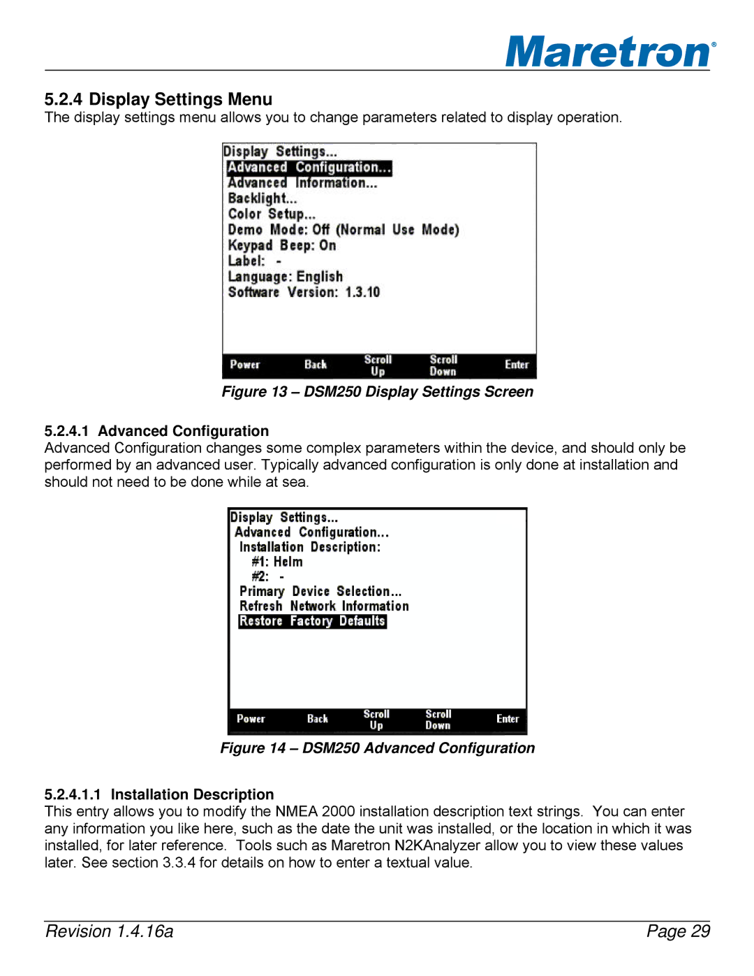 Maretron DSM250-01 user manual Display Settings Menu, Advanced Configuration, Installation Description 