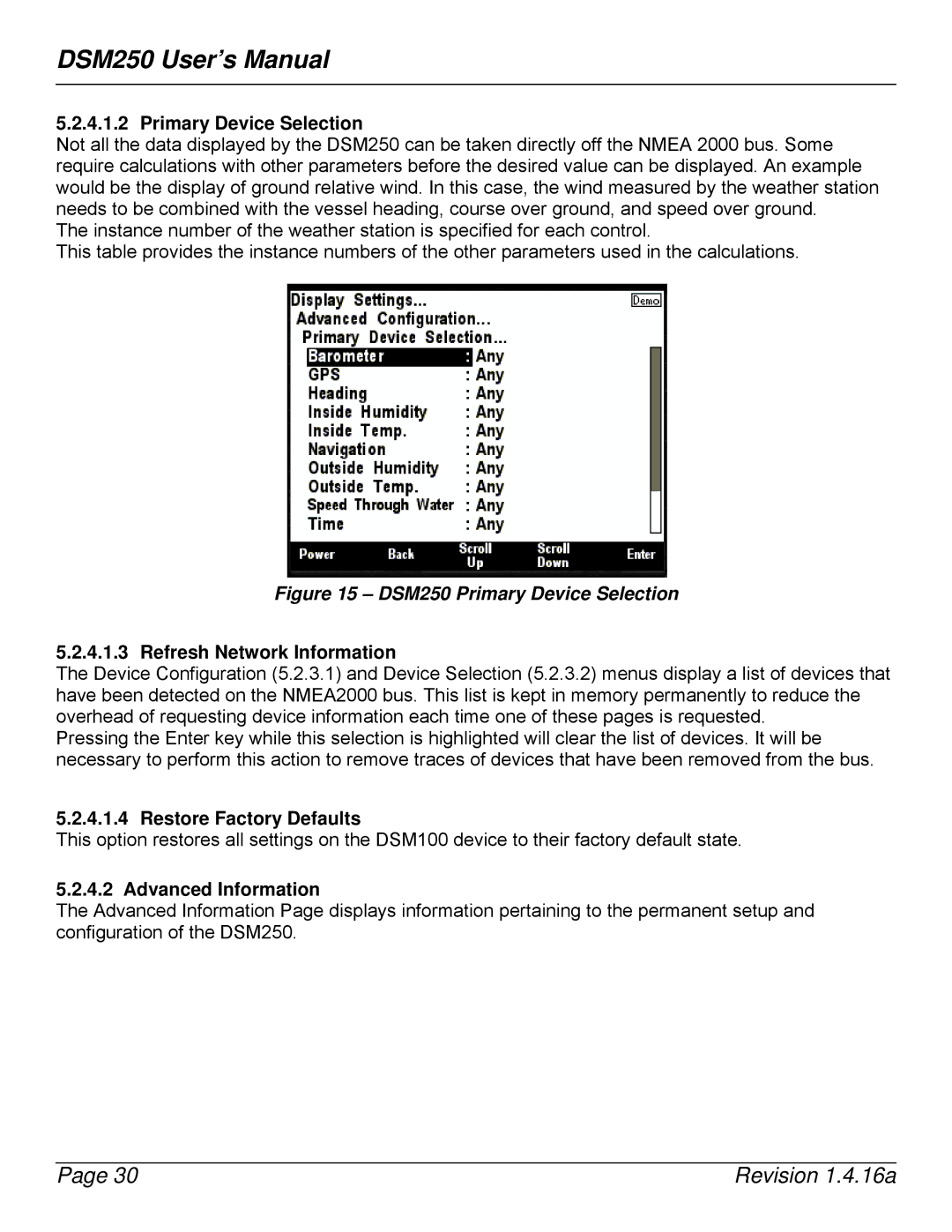 Maretron DSM250-01 Primary Device Selection, Refresh Network Information, Restore Factory Defaults, Advanced Information 