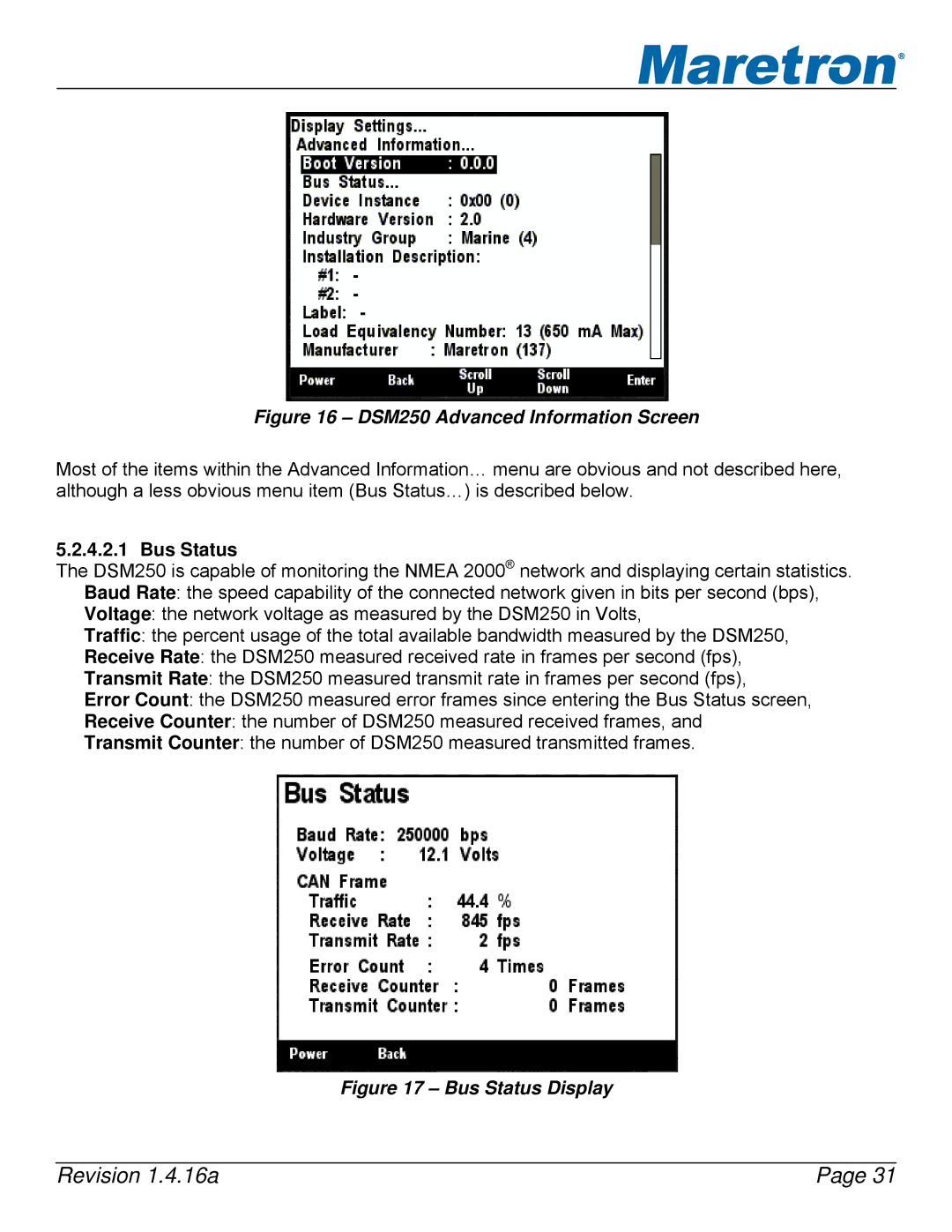 Maretron DSM250-01 user manual DSM250 Advanced Information Screen, Bus Status 