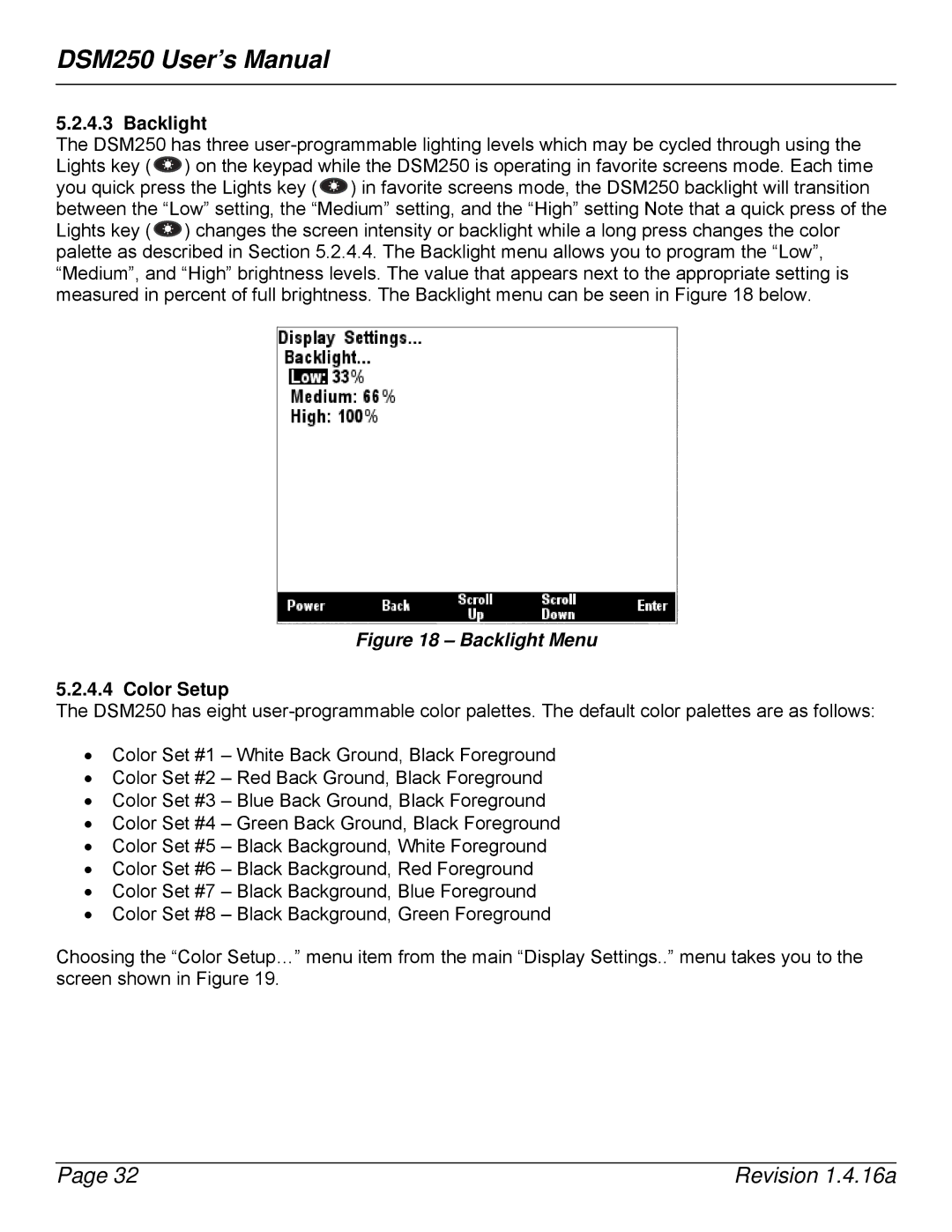 Maretron DSM250-01 user manual Backlight, Color Setup 