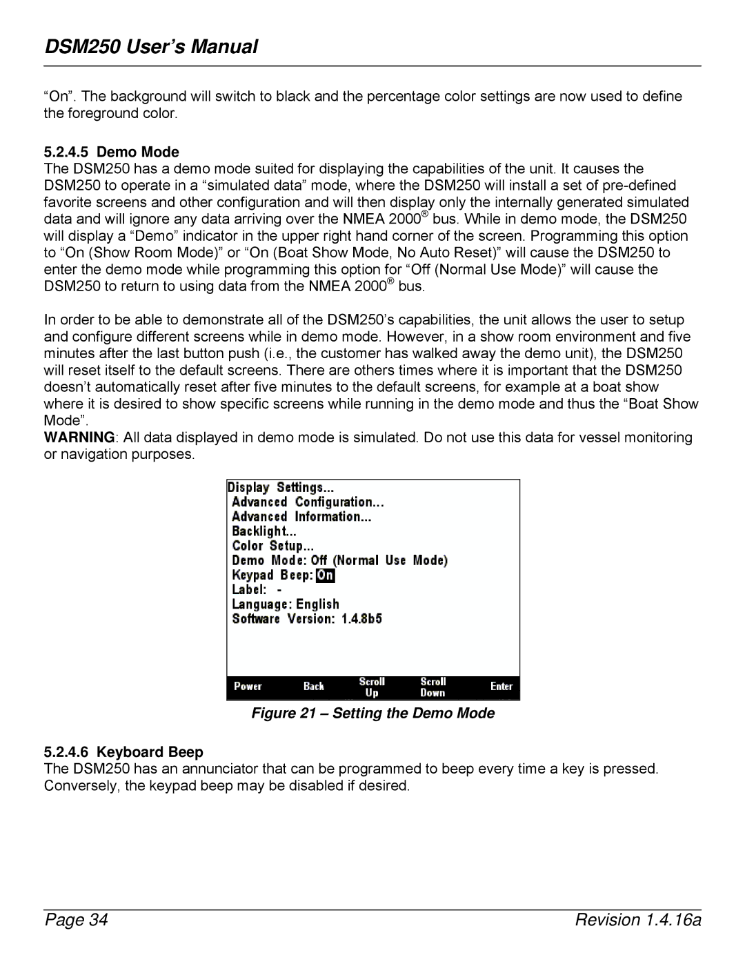 Maretron DSM250-01 user manual Demo Mode, Keyboard Beep 