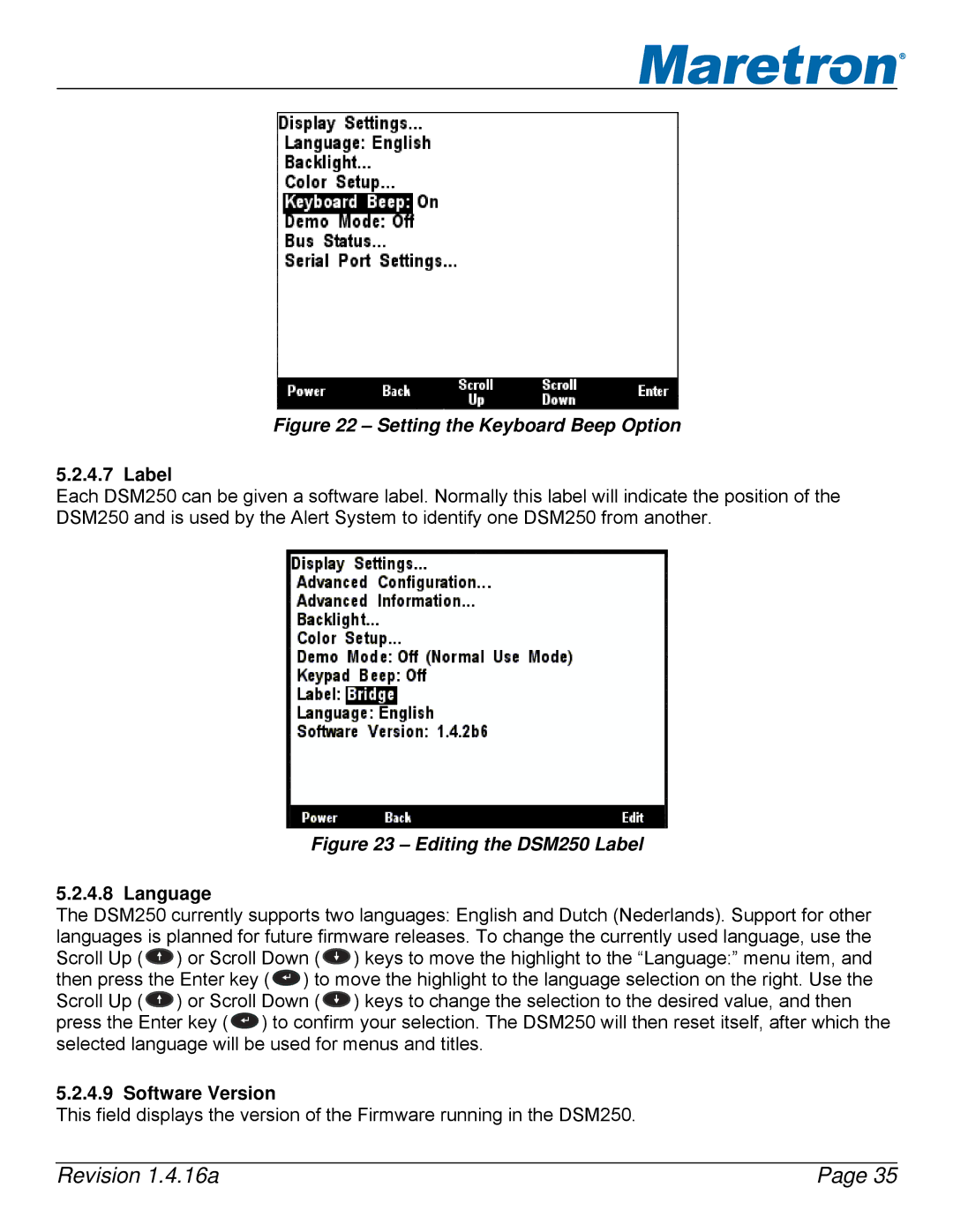 Maretron DSM250-01 user manual Label, Language, Software Version 