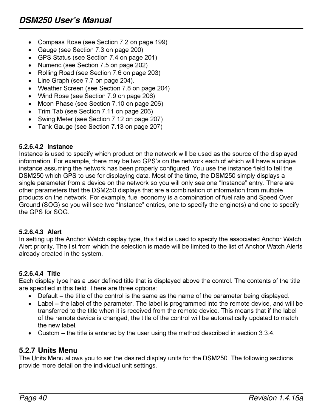 Maretron DSM250-01 user manual Units Menu, Instance, Alert, Title 