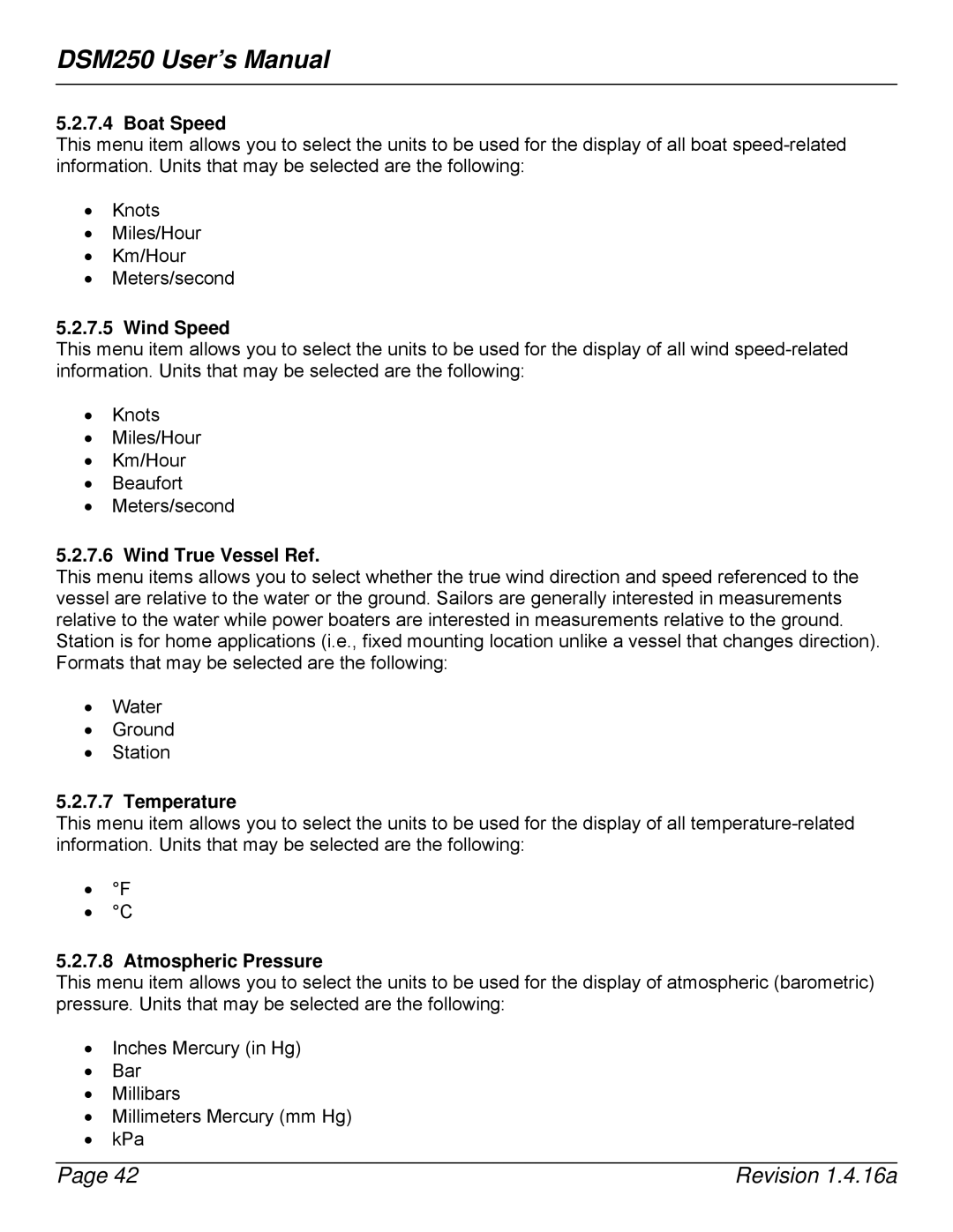 Maretron DSM250-01 user manual Boat Speed, Wind Speed, Wind True Vessel Ref, Temperature, Atmospheric Pressure 