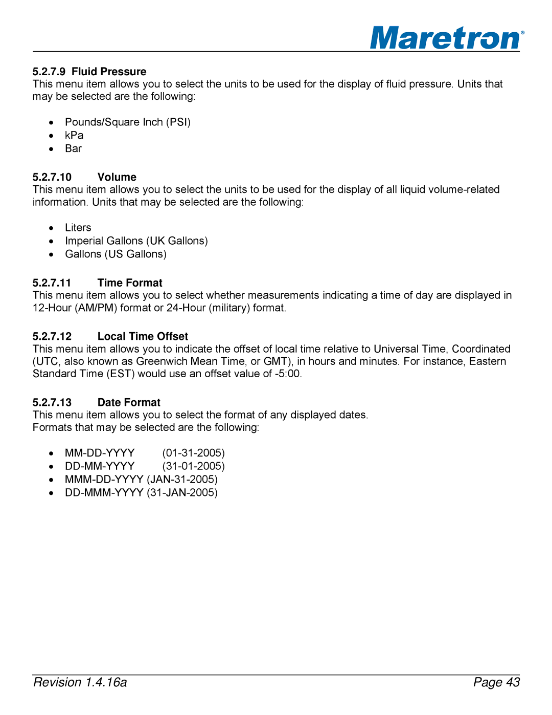 Maretron DSM250-01 user manual Fluid Pressure, Volume, Time Format, Local Time Offset, Date Format 