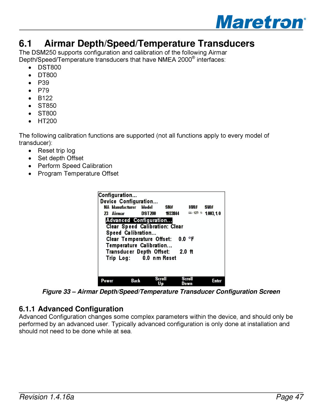 Maretron DSM250-01 user manual Airmar Depth/Speed/Temperature Transducers, Advanced Configuration 