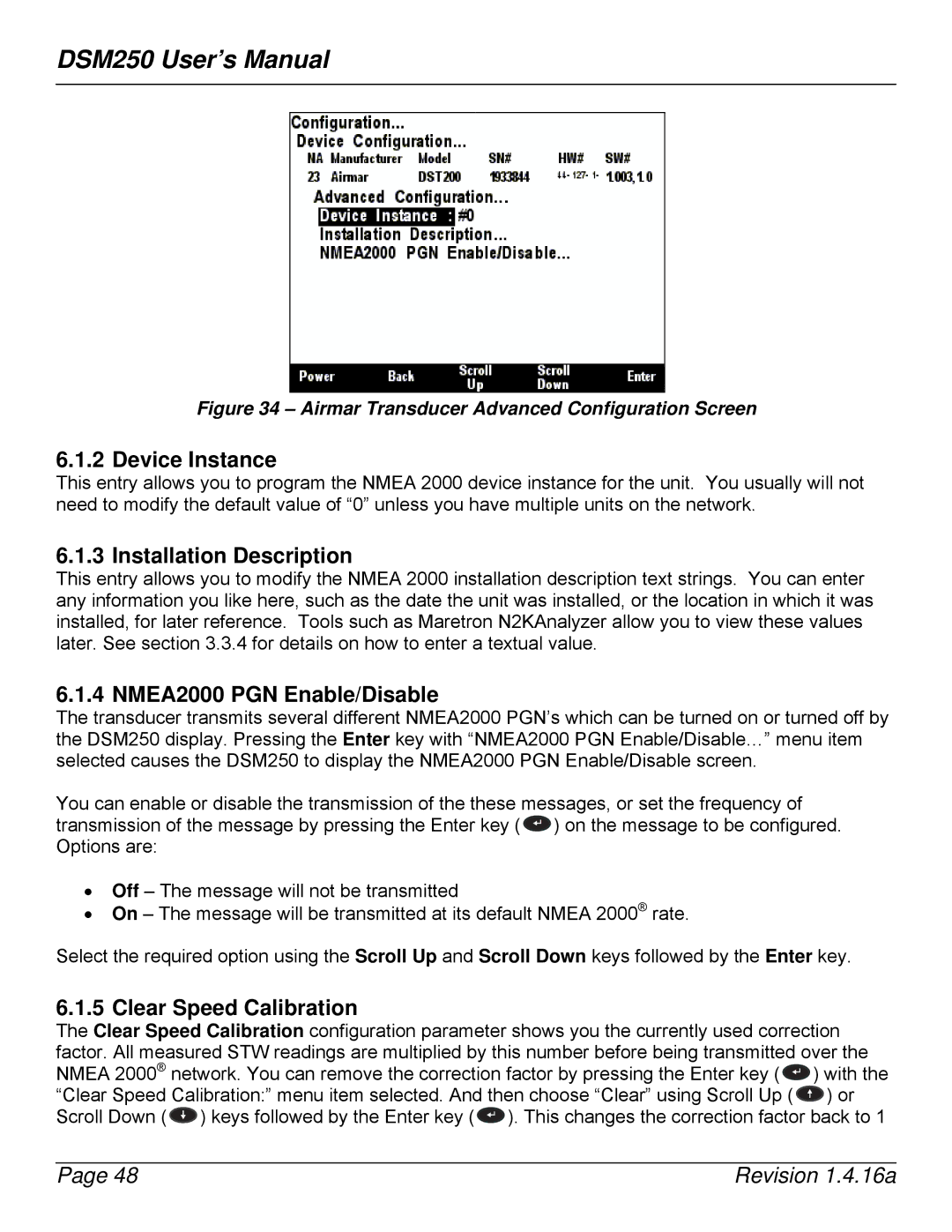 Maretron DSM250-01 Device Instance, Installation Description, NMEA2000 PGN Enable/Disable, Clear Speed Calibration 