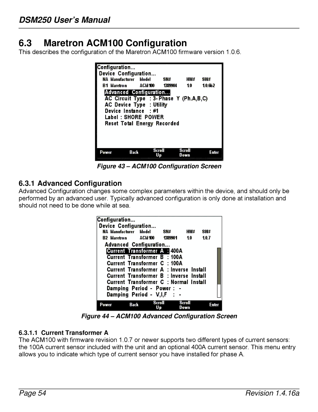 Maretron DSM250-01 user manual Maretron ACM100 Configuration, Current Transformer a 