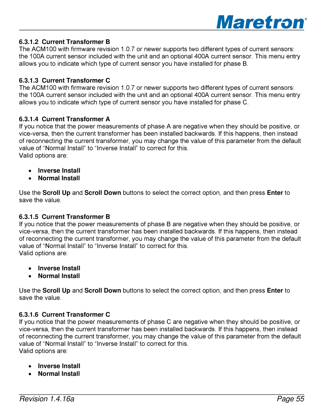 Maretron DSM250-01 user manual Current Transformer B, Current Transformer C, Inverse Install Normal Install 