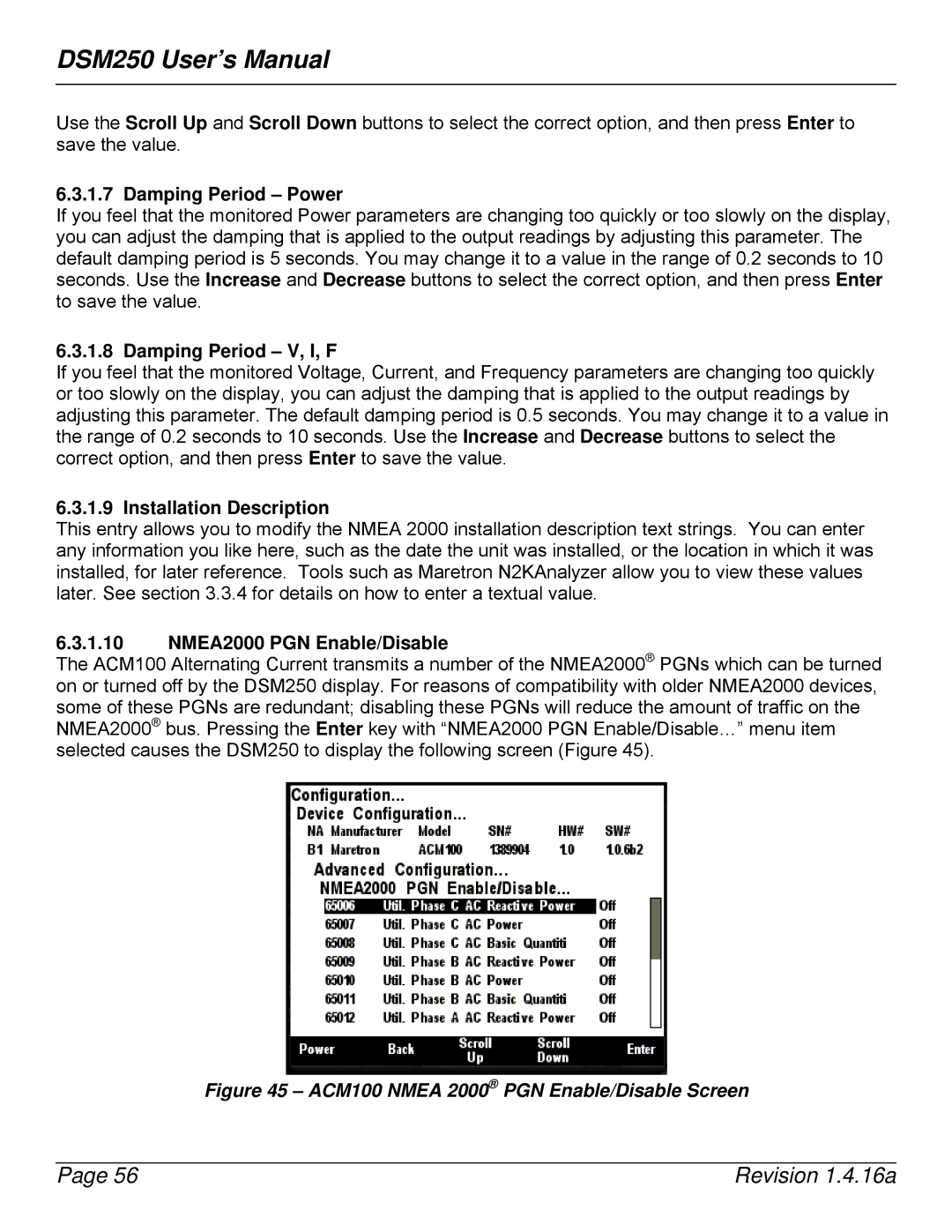 Maretron DSM250-01 user manual Damping Period Power, Damping Period V, I, F, NMEA2000 PGN Enable/Disable 