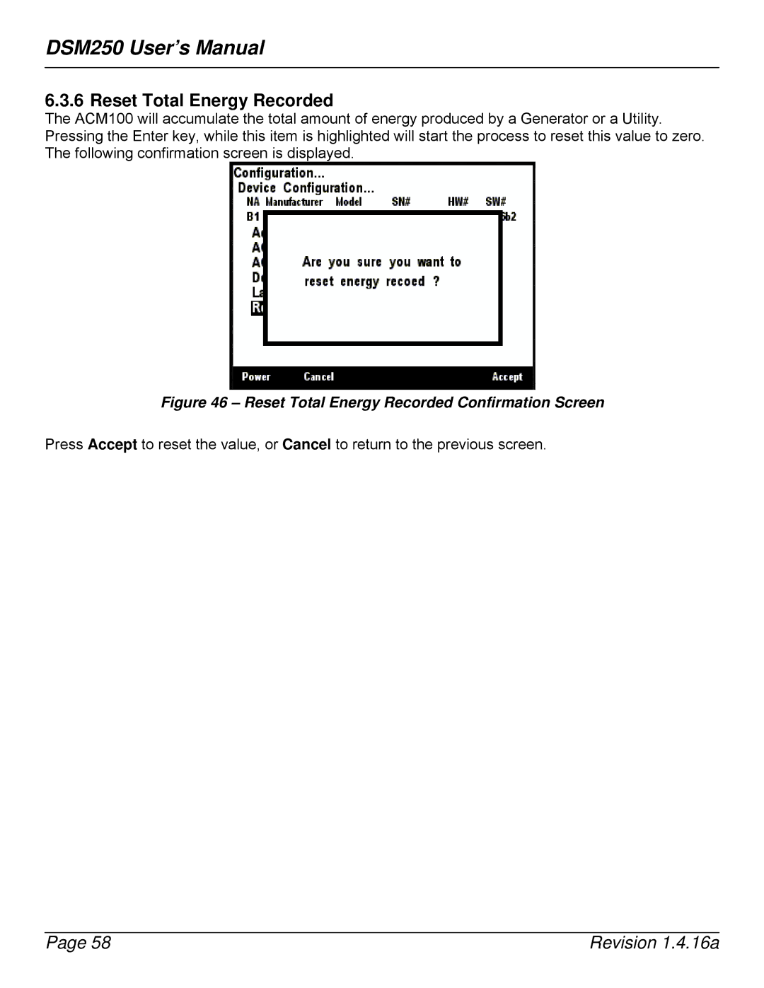 Maretron DSM250-01 user manual Reset Total Energy Recorded Confirmation Screen 