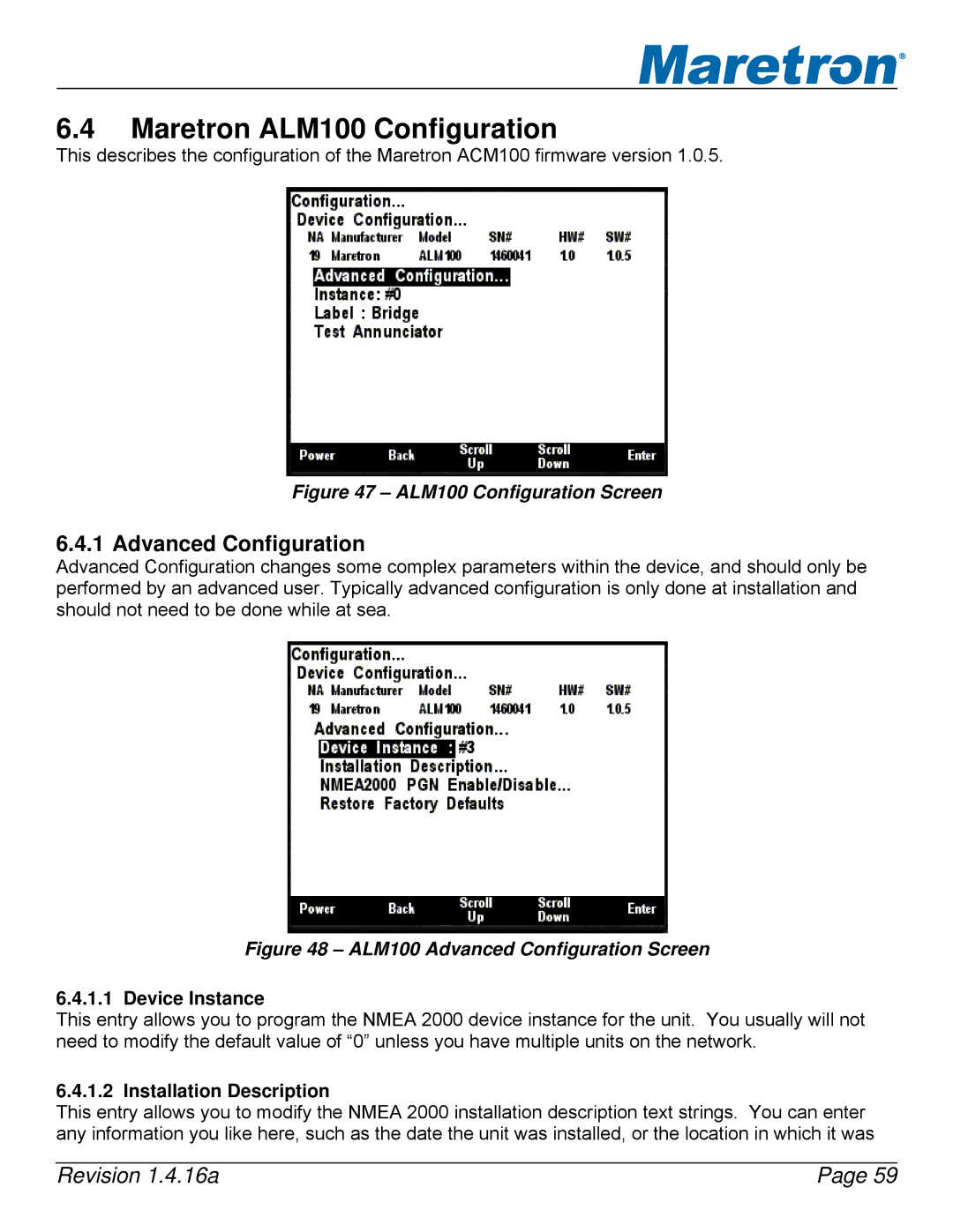 Maretron DSM250-01 user manual Maretron ALM100 Configuration, Device Instance 