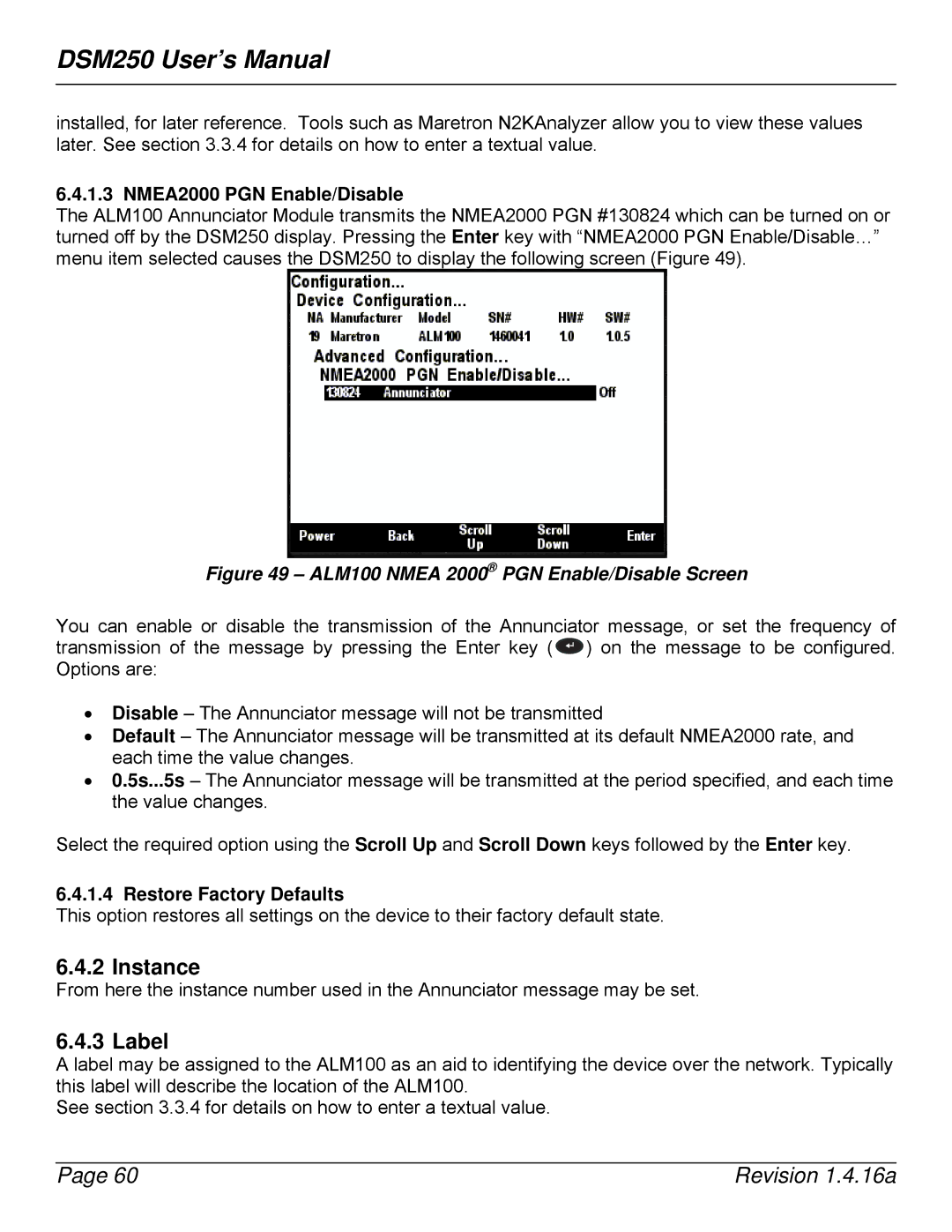 Maretron DSM250-01 user manual Instance, ALM100 Nmea 2000 PGN Enable/Disable Screen 