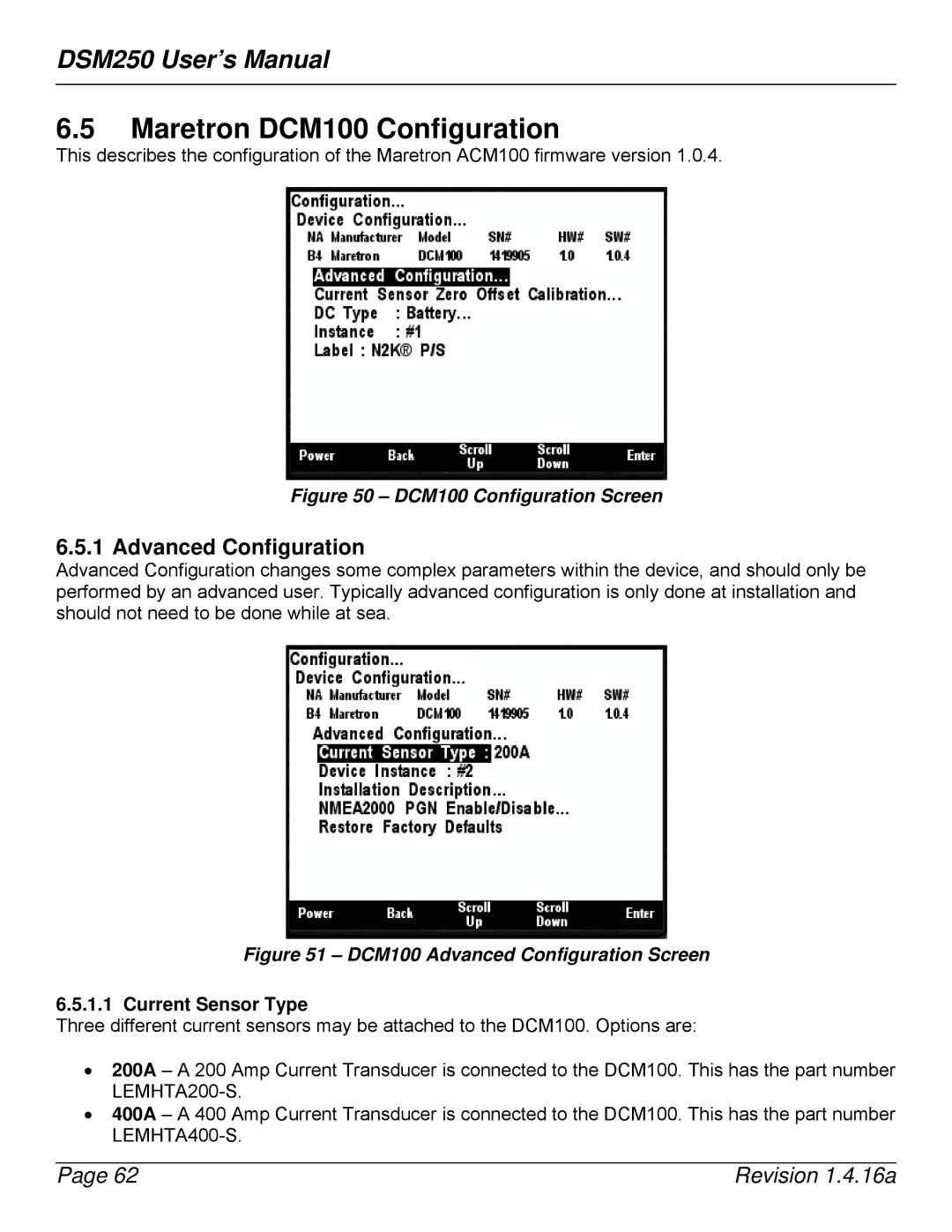 Maretron DSM250-01 user manual Maretron DCM100 Configuration, Current Sensor Type 