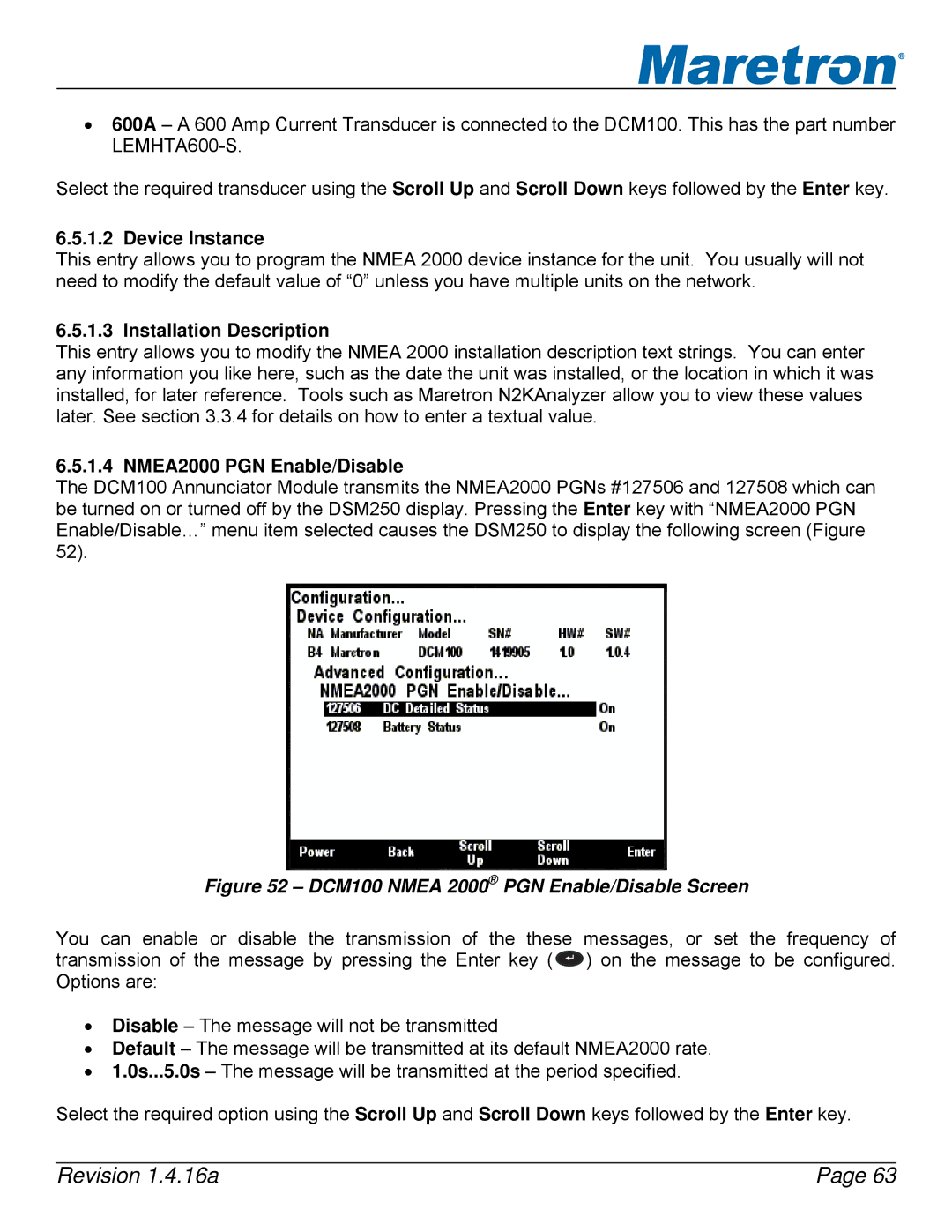 Maretron DSM250-01 user manual DCM100 Nmea 2000 PGN Enable/Disable Screen 