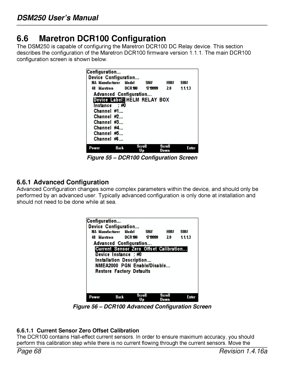 Maretron DSM250-01 user manual Maretron DCR100 Configuration, Current Sensor Zero Offset Calibration 