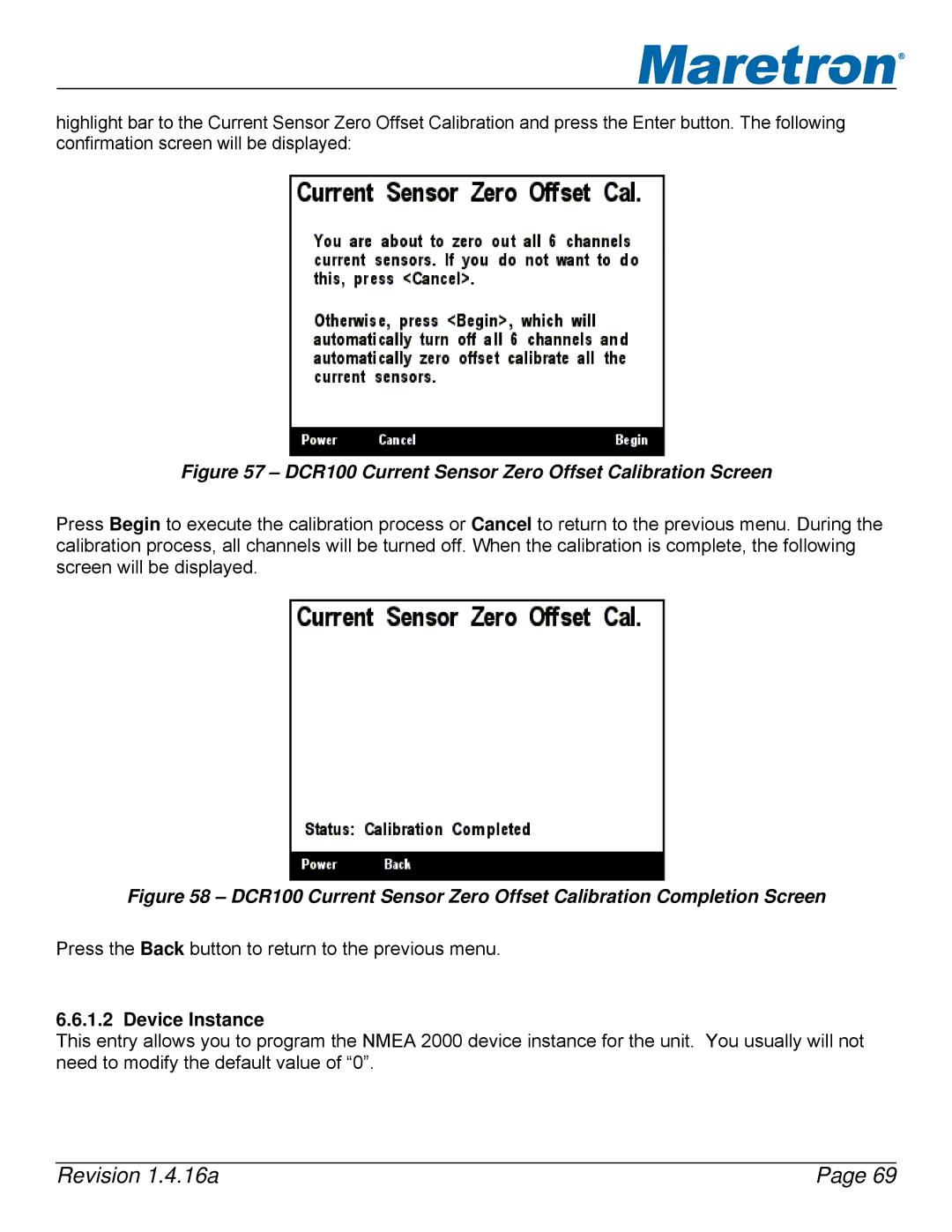 Maretron DSM250-01 user manual DCR100 Current Sensor Zero Offset Calibration Screen 