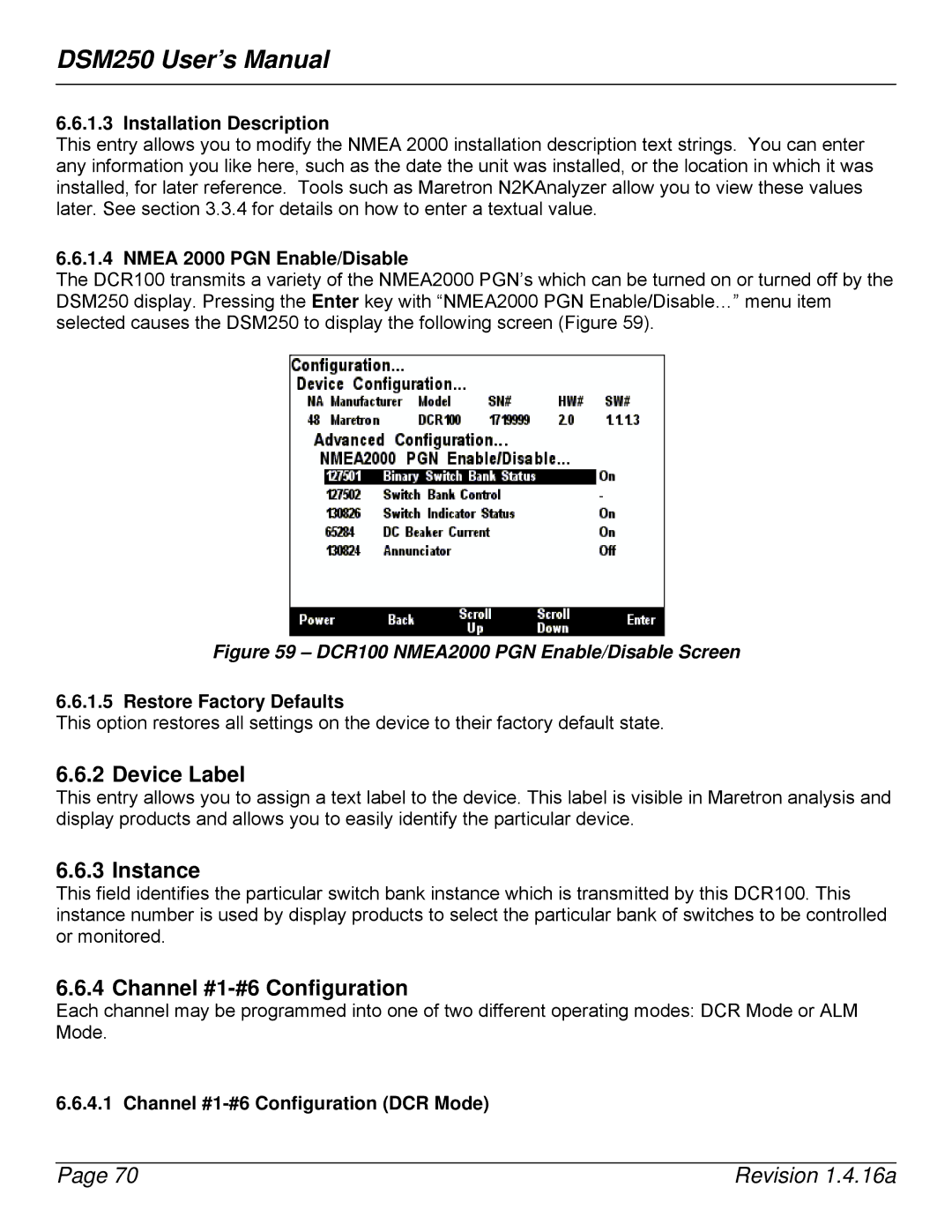 Maretron DSM250-01 user manual Device Label, Channel #1-#6 Configuration, Nmea 2000 PGN Enable/Disable 