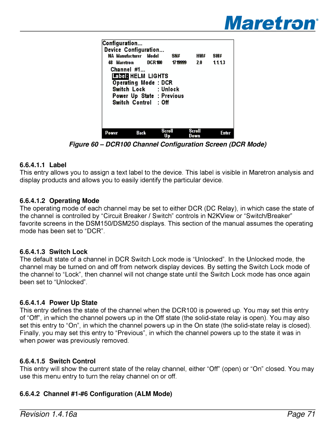 Maretron DSM250-01 Operating Mode, Switch Lock, Power Up State, Switch Control, Channel #1-#6 Configuration ALM Mode 