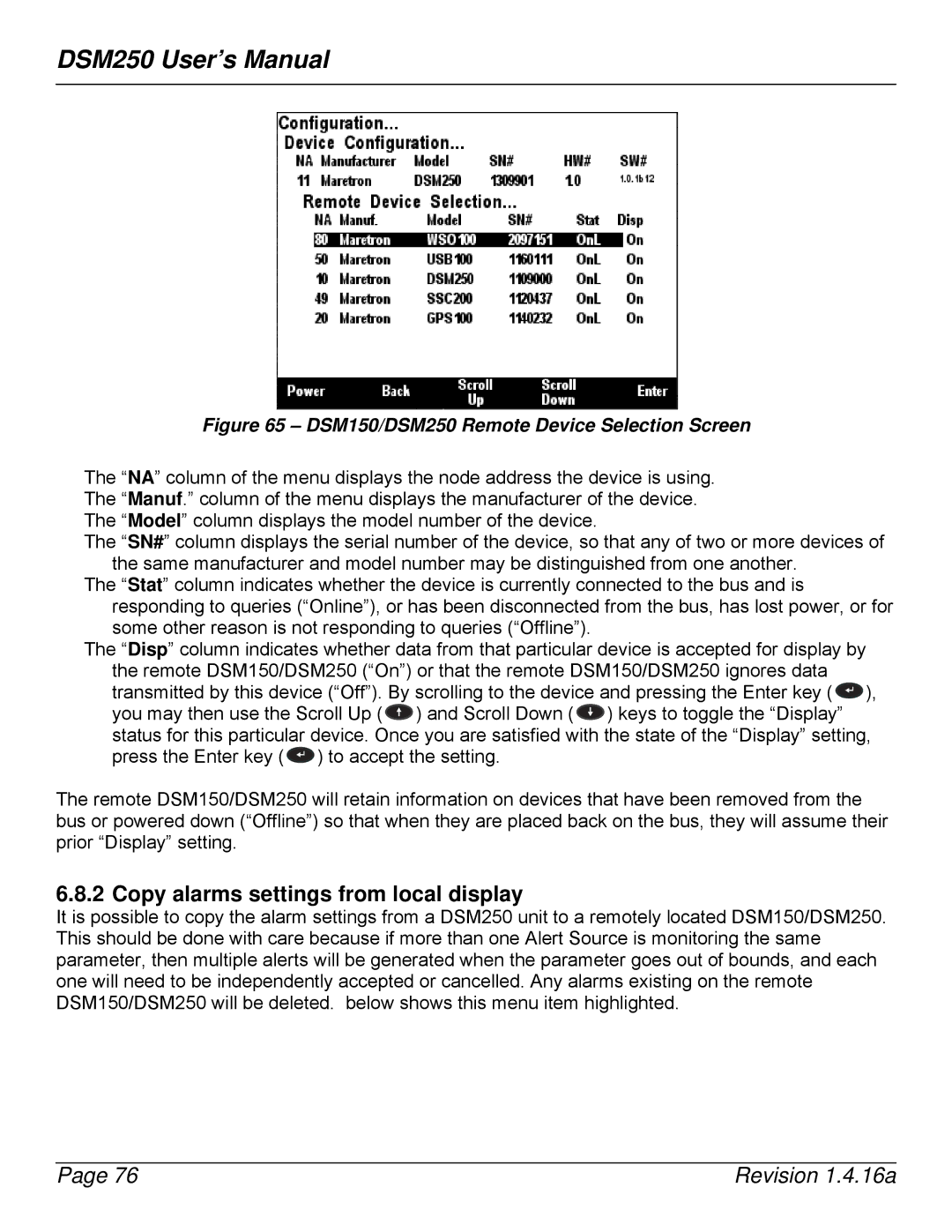 Maretron DSM250-01 user manual Copy alarms settings from local display, DSM150/DSM250 Remote Device Selection Screen 