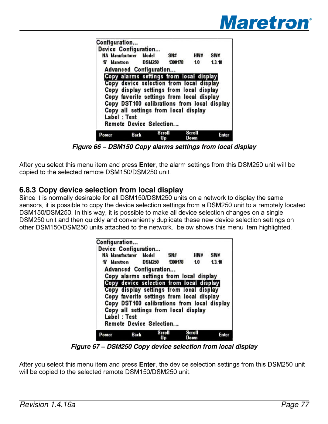 Maretron DSM250-01 user manual Copy device selection from local display, DSM150 Copy alarms settings from local display 