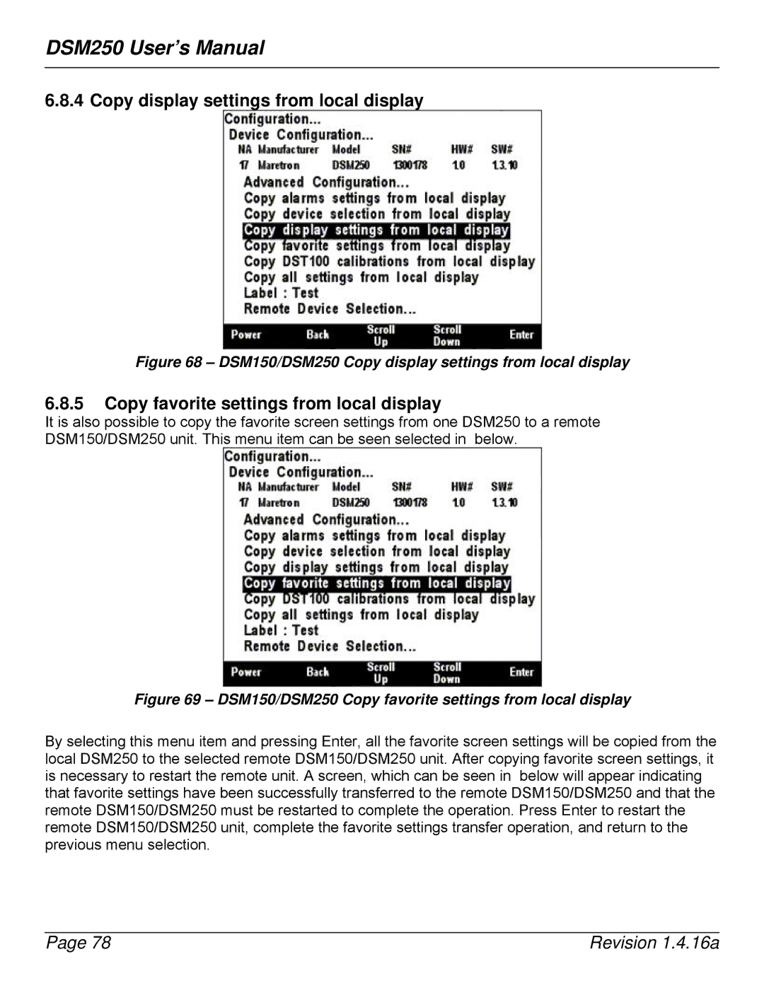 Maretron DSM250-01 user manual Copy display settings from local display, Copy favorite settings from local display 