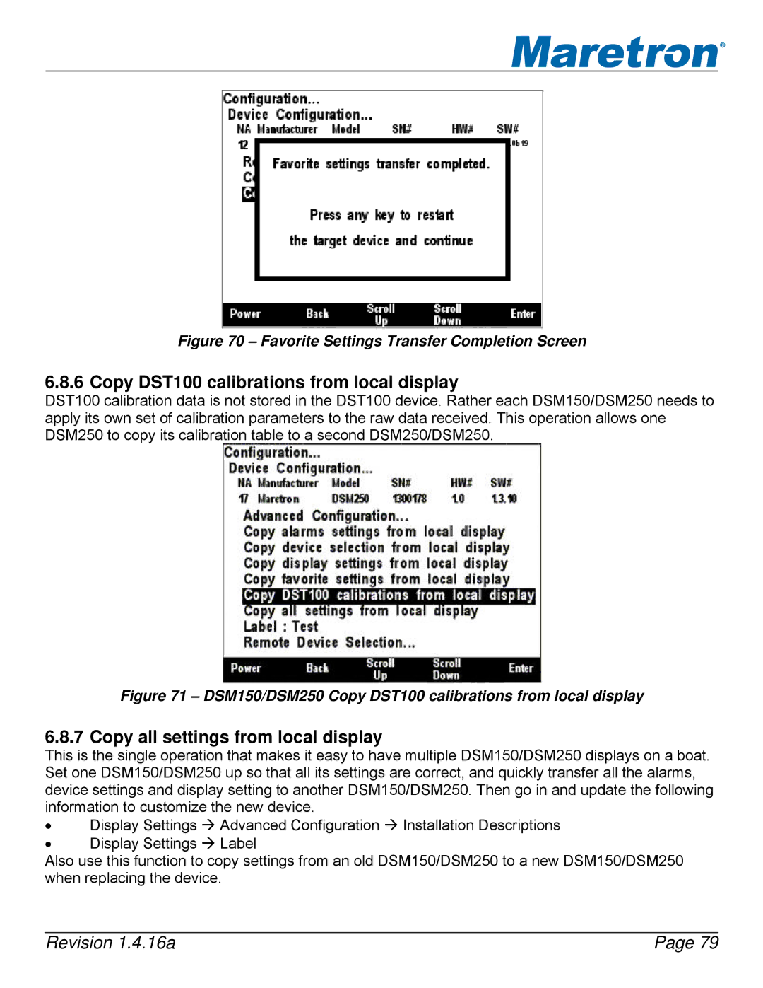 Maretron DSM250-01 user manual Copy DST100 calibrations from local display, Copy all settings from local display 