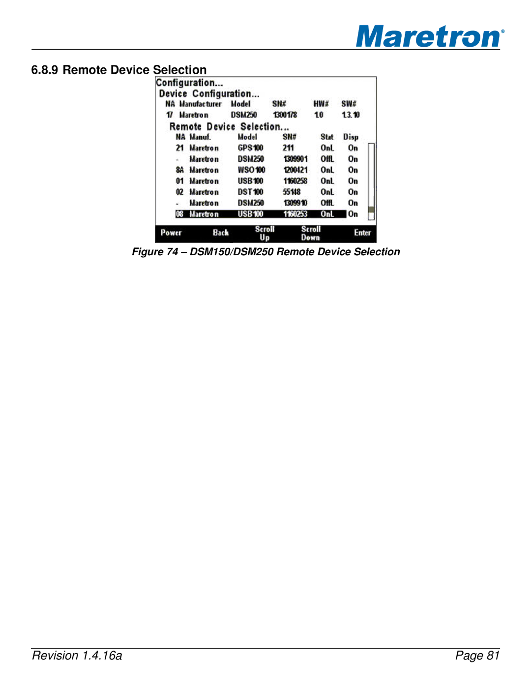 Maretron DSM250-01 user manual DSM150/DSM250 Remote Device Selection 
