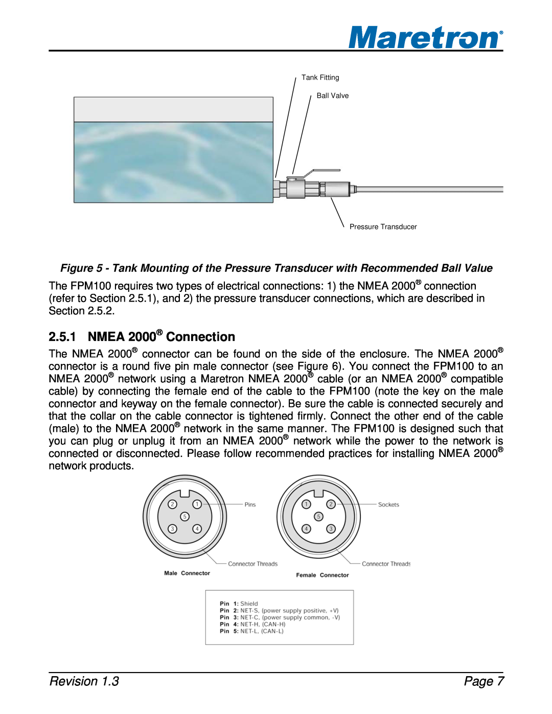 Maretron FPM100 user manual NMEA 2000 Connection, Revision, Page, Tank Fitting Ball Valve Pressure Transducer 