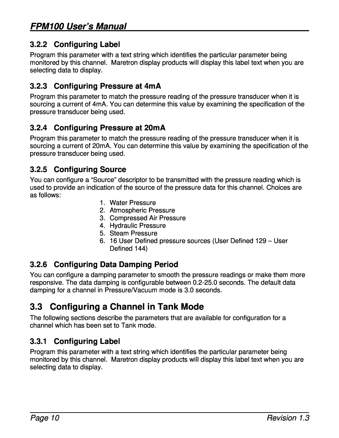 Maretron FPM100 Configuring a Channel in Tank Mode, Configuring Label, Configuring Pressure at 4mA, Configuring Source 