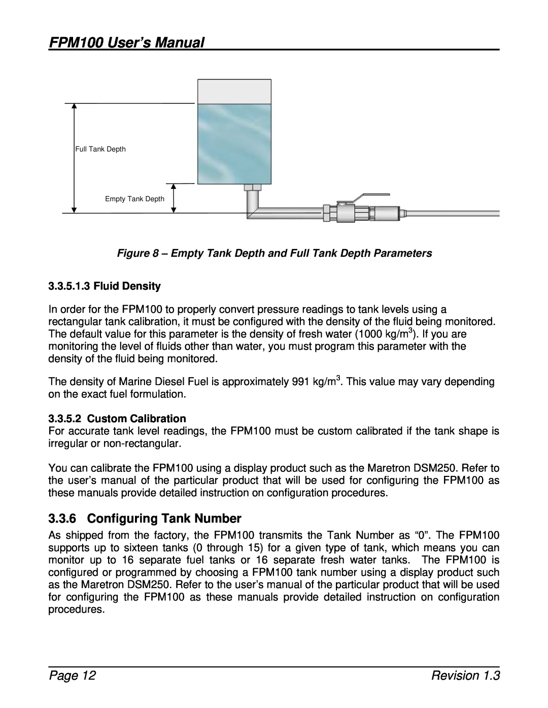 Maretron FPM100 Configuring Tank Number, Empty Tank Depth and Full Tank Depth Parameters, Fluid Density, Page, Revision 