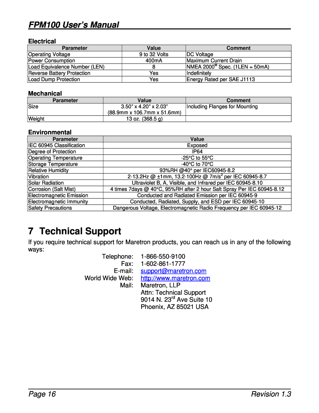 Maretron user manual Technical Support, Electrical, Mechanical, Environmental, FPM100 User’s Manual, Page, Revision 