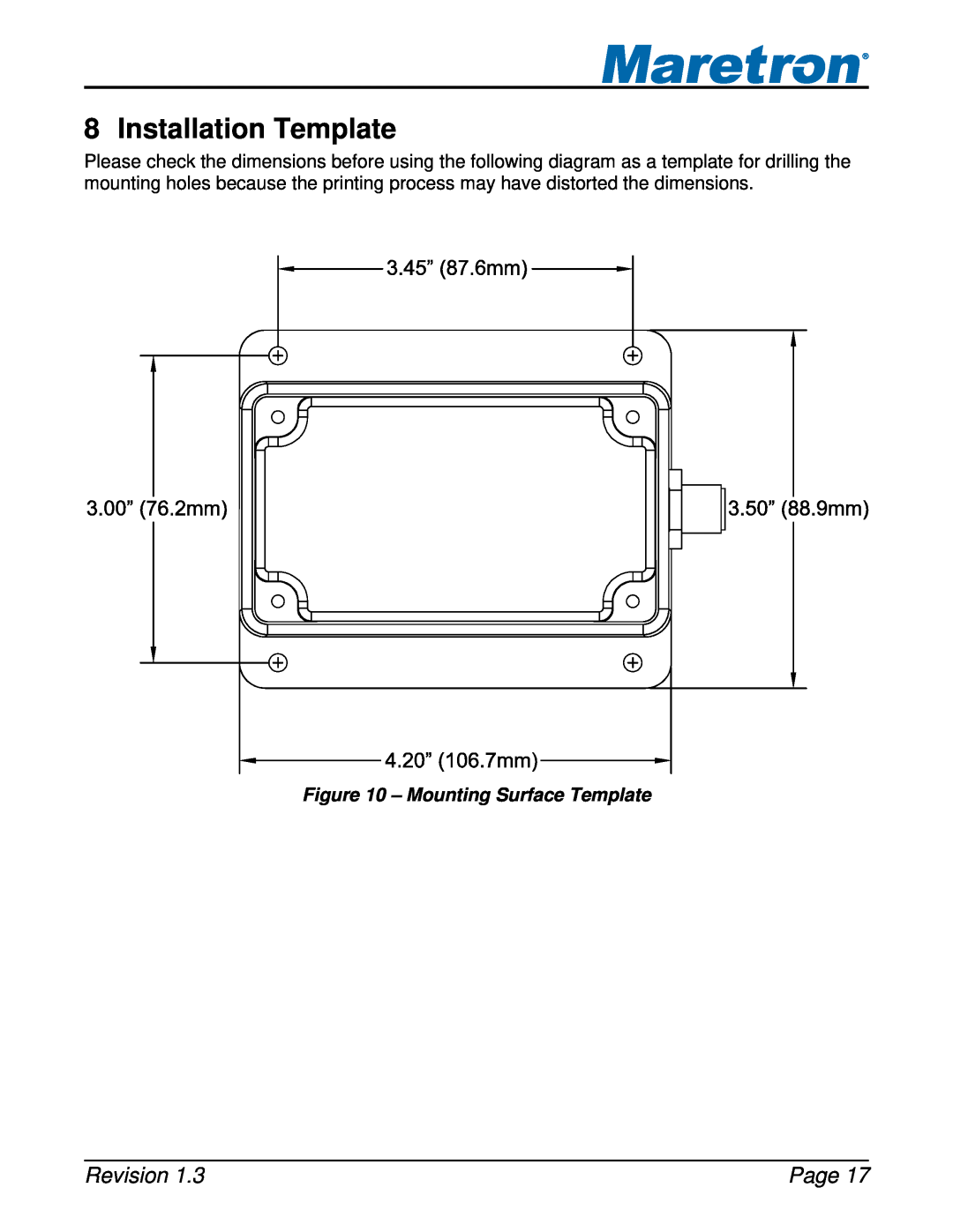 Maretron FPM100 user manual Installation Template, Mounting Surface Template, Revision, Page 