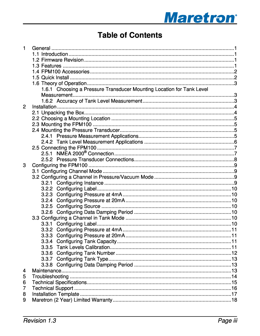 Maretron FPM100 user manual Table of Contents, Revision, Page 