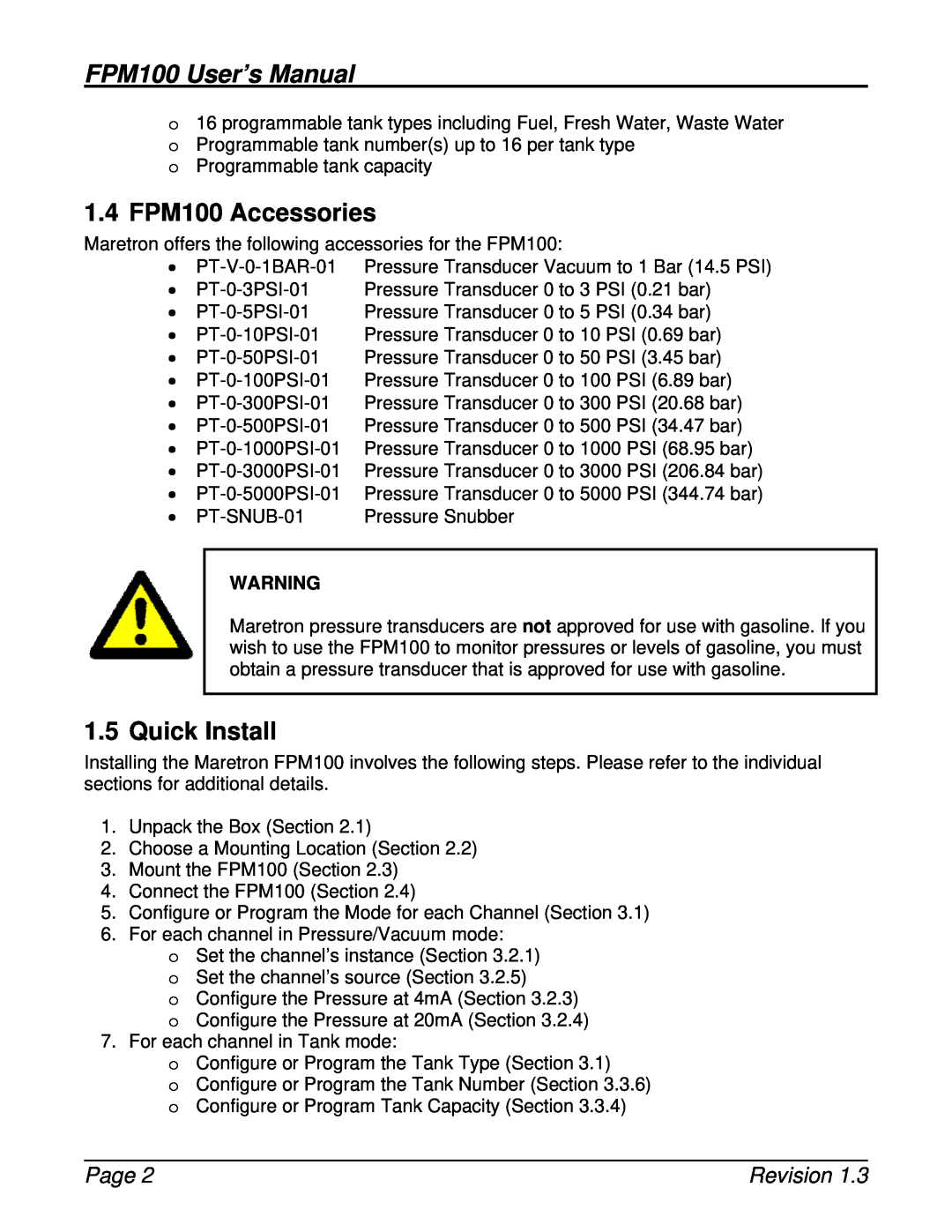 Maretron user manual 1.4 FPM100 Accessories, Quick Install, FPM100 User’s Manual, Page, Revision 
