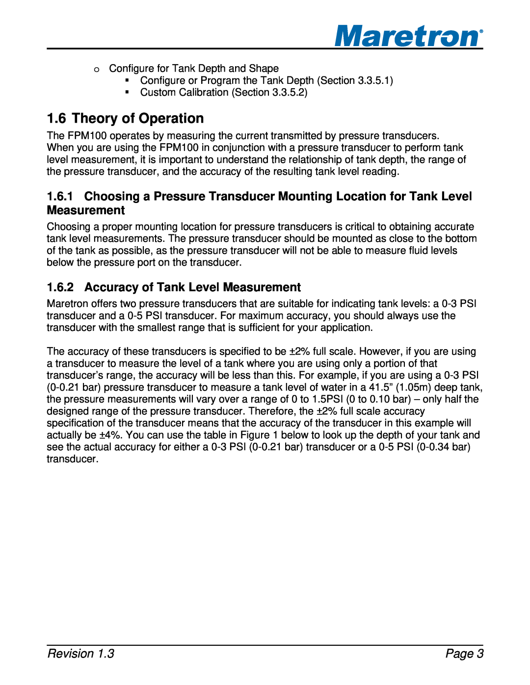 Maretron FPM100 user manual Theory of Operation, Accuracy of Tank Level Measurement, Revision, Page 