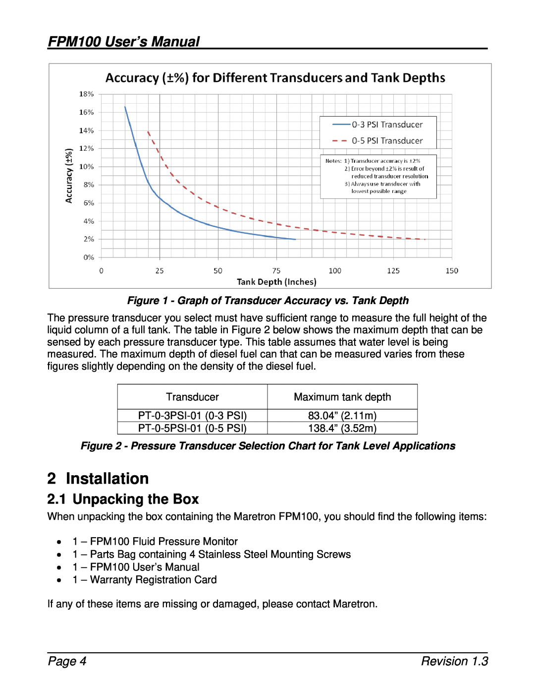 Maretron Installation, Unpacking the Box, Graph of Transducer Accuracy vs. Tank Depth, FPM100 User’s Manual, Page 