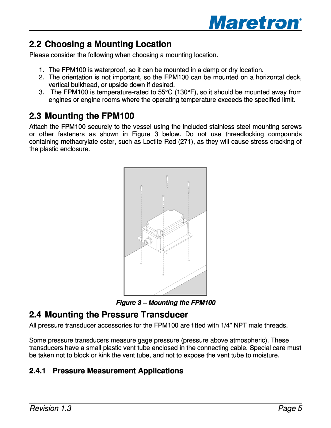 Maretron user manual Choosing a Mounting Location, Mounting the FPM100, Mounting the Pressure Transducer, Revision, Page 