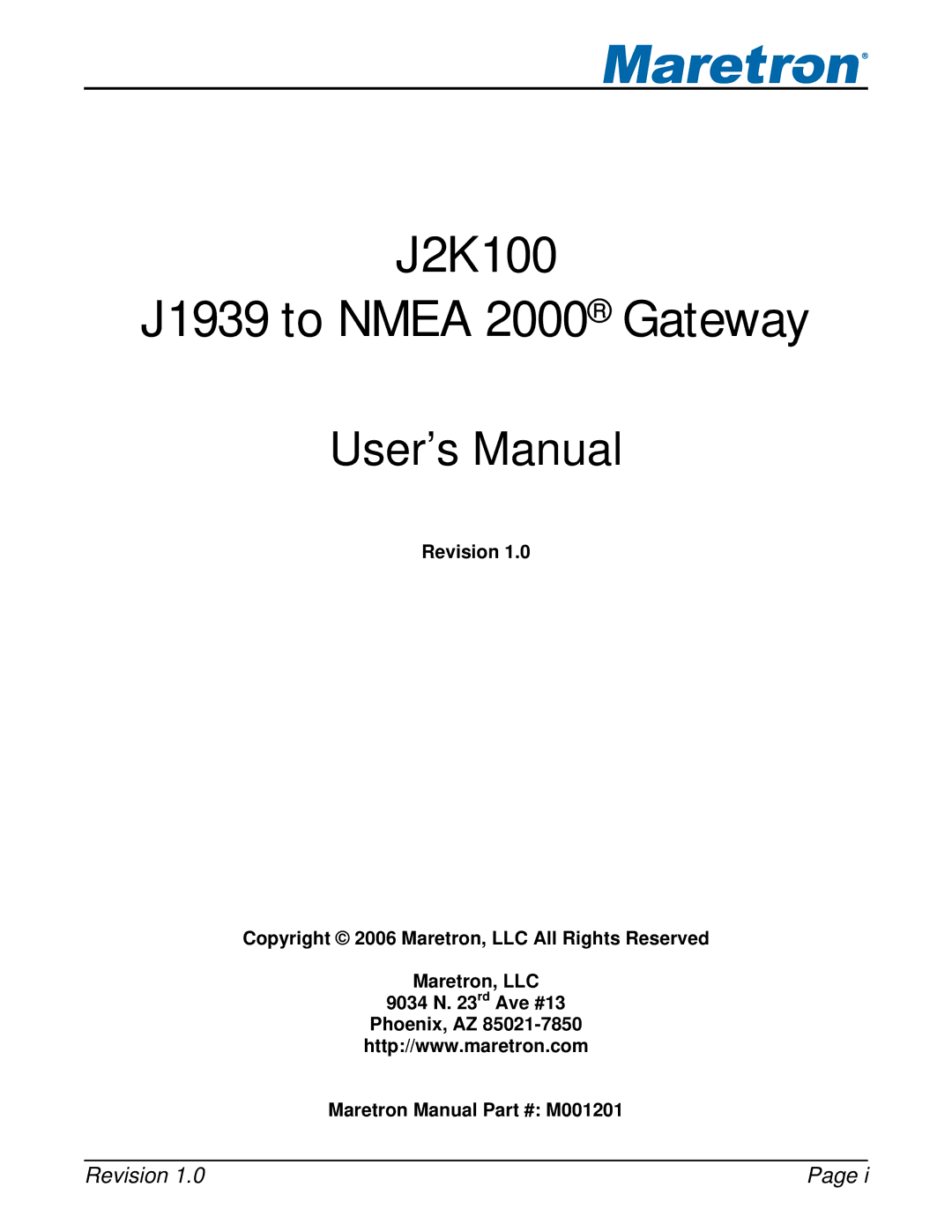 Maretron user manual J2K100 J1939 to Nmea 2000 Gateway 