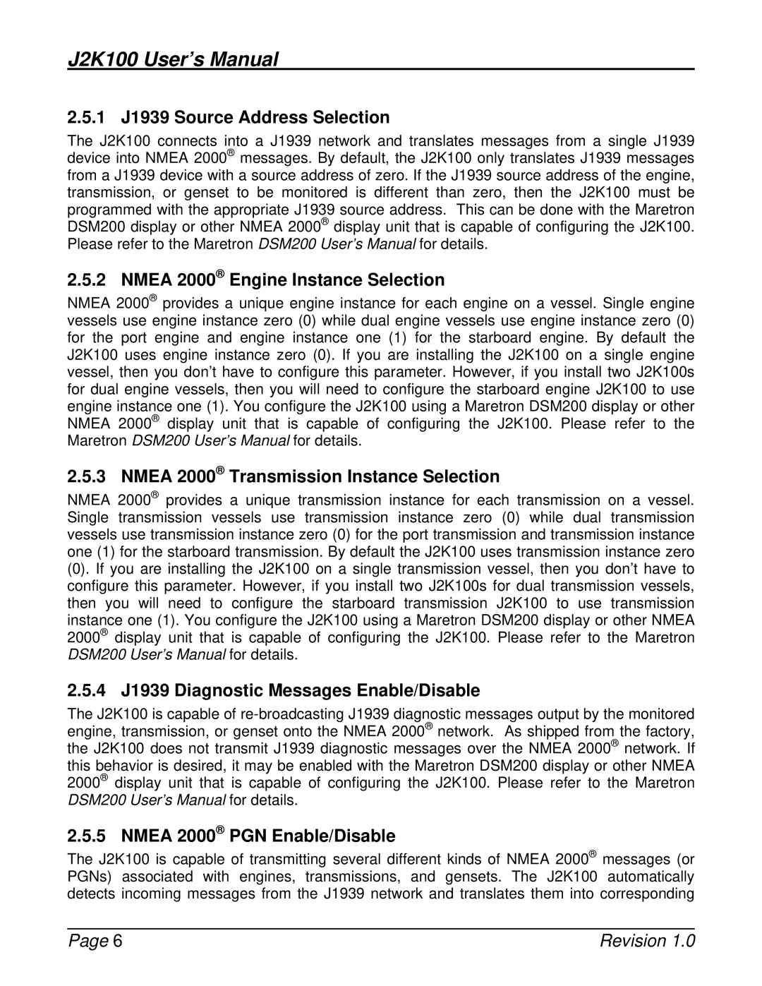 Maretron J2K100 1 J1939 Source Address Selection, Nmea 2000 Engine Instance Selection, Nmea 2000 PGN Enable/Disable 