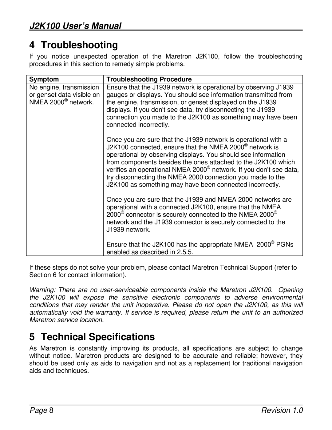 Maretron J2K100 user manual Troubleshooting, Technical Specifications 