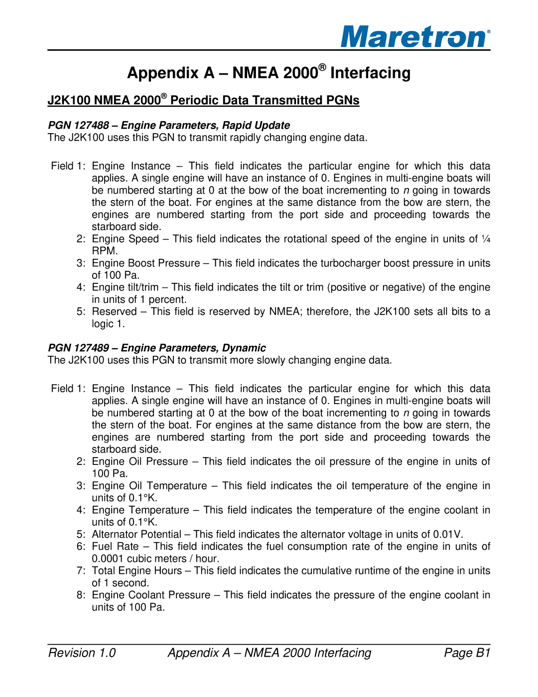 Maretron user manual Appendix a Nmea 2000 Interfacing, J2K100 Nmea 2000 Periodic Data Transmitted PGNs 