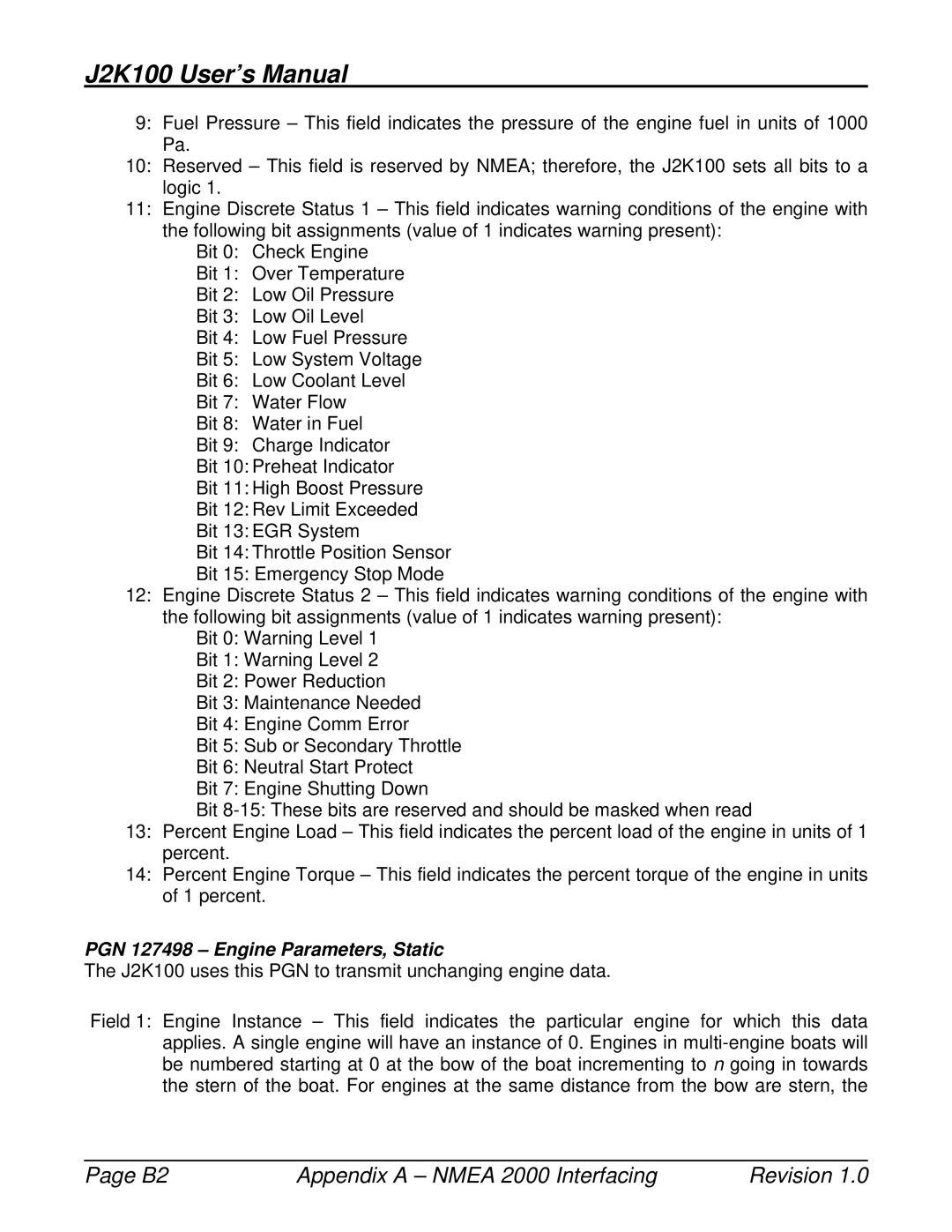 Maretron J2K100 user manual PGN 127498 Engine Parameters, Static 
