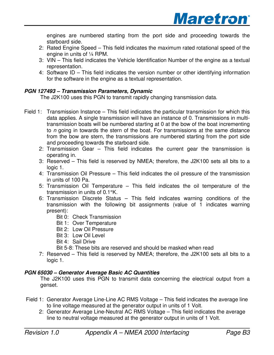 Maretron J2K100 user manual PGN 127493 Transmission Parameters, Dynamic 