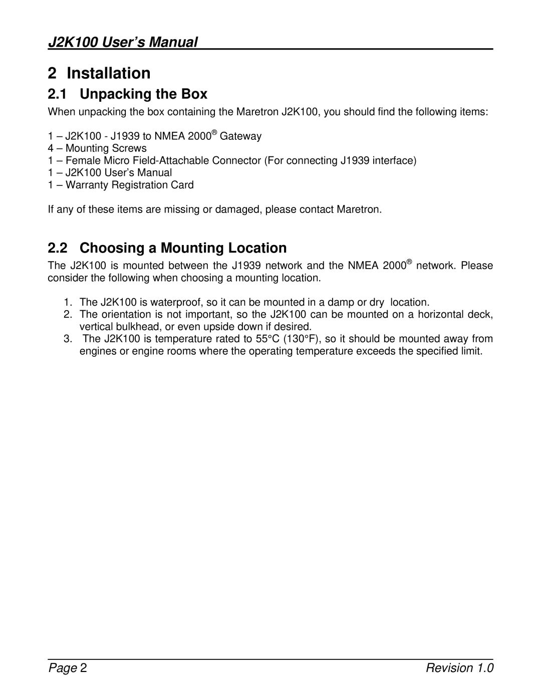 Maretron J2K100 user manual Installation, Unpacking the Box, Choosing a Mounting Location 