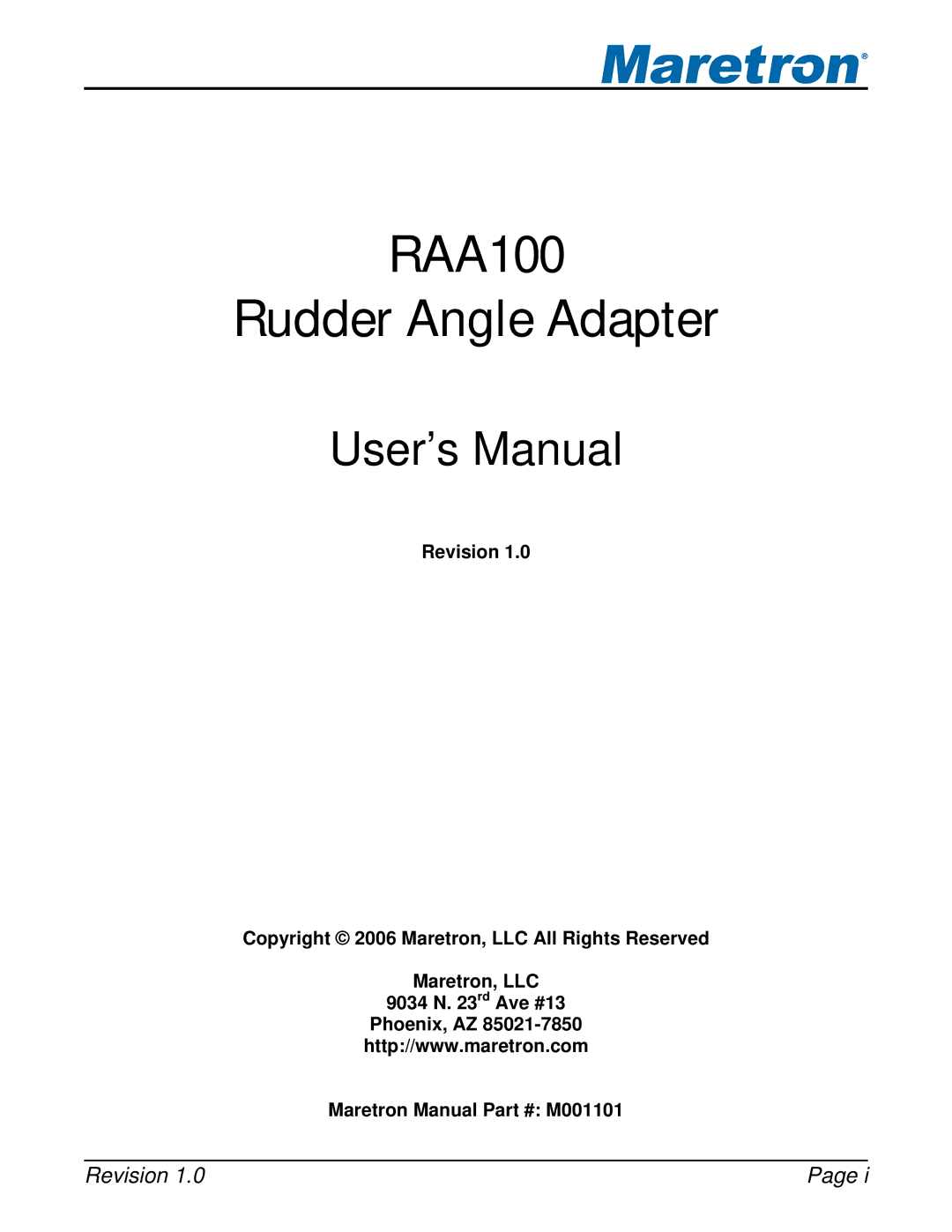 Maretron M001101 user manual RAA100 Rudder Angle Adapter 